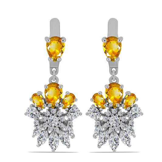 Stříbro 925/1000 - Náušnice s Uralským Citrínem a Bílým Topazem - Karátové číslo: 5.78. přibližná hmotnost: 7.38 gramů