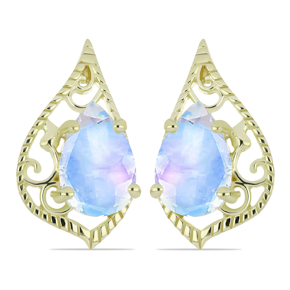 Pozlacené Stříbro 925/1000 - Náušnice s Duhovým Měsíčním Kamenem - Karátové číslo: 5.63. přibližná hmotnost: 5.85 gramů