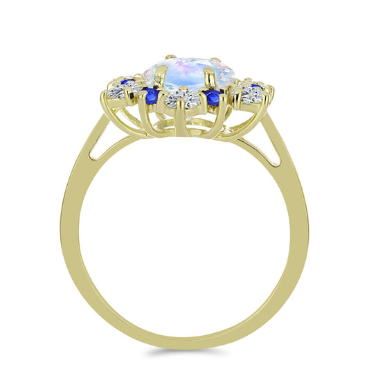 Pozlacený Stříbrný Prsten s Duhovým Měsíčním Kamenem a Australským Modrým Safírem