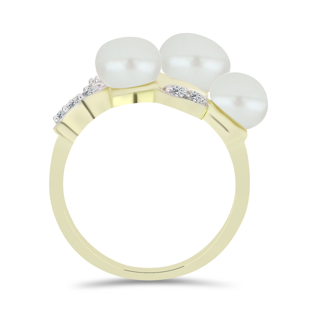 Pozlacené Stříbro 925/1000 - Prsten s Bílou Sladkovodní Perlou a Bílým Topazem - Karátové číslo: 6.37. přibližná hmotnost: 5.62 gramů