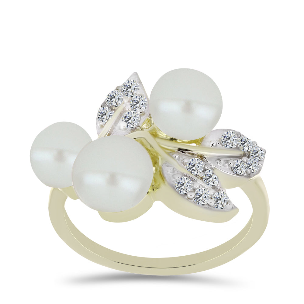 Pozlacené Stříbro 925/1000 - Prsten s Bílou Sladkovodní Perlou a Bílým Topazem - Karátové číslo: 6.37. přibližná hmotnost: 5.62 gramů