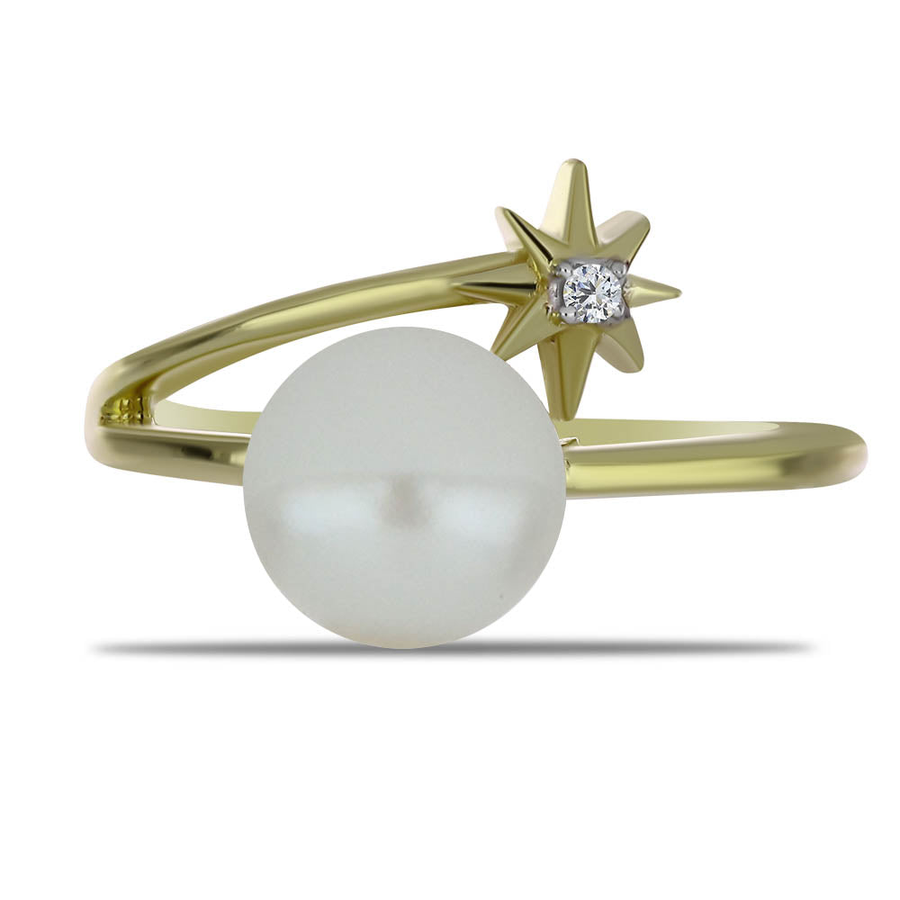 Pozlacené Stříbro 925/1000 - Prsten s Bílou Sladkovodní Perlou a Bílým Topazem - Karátové číslo: 2.86. přibližná hmotnost: 3.22 gramů 1 