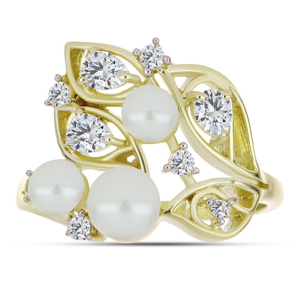 Pozlacené Stříbro 925/1000 - Prsten s Bílou Sladkovodní Perlou a Bílým Topazem - Karátové číslo: 4.82. přibližná hmotnost: 4.75 gramů