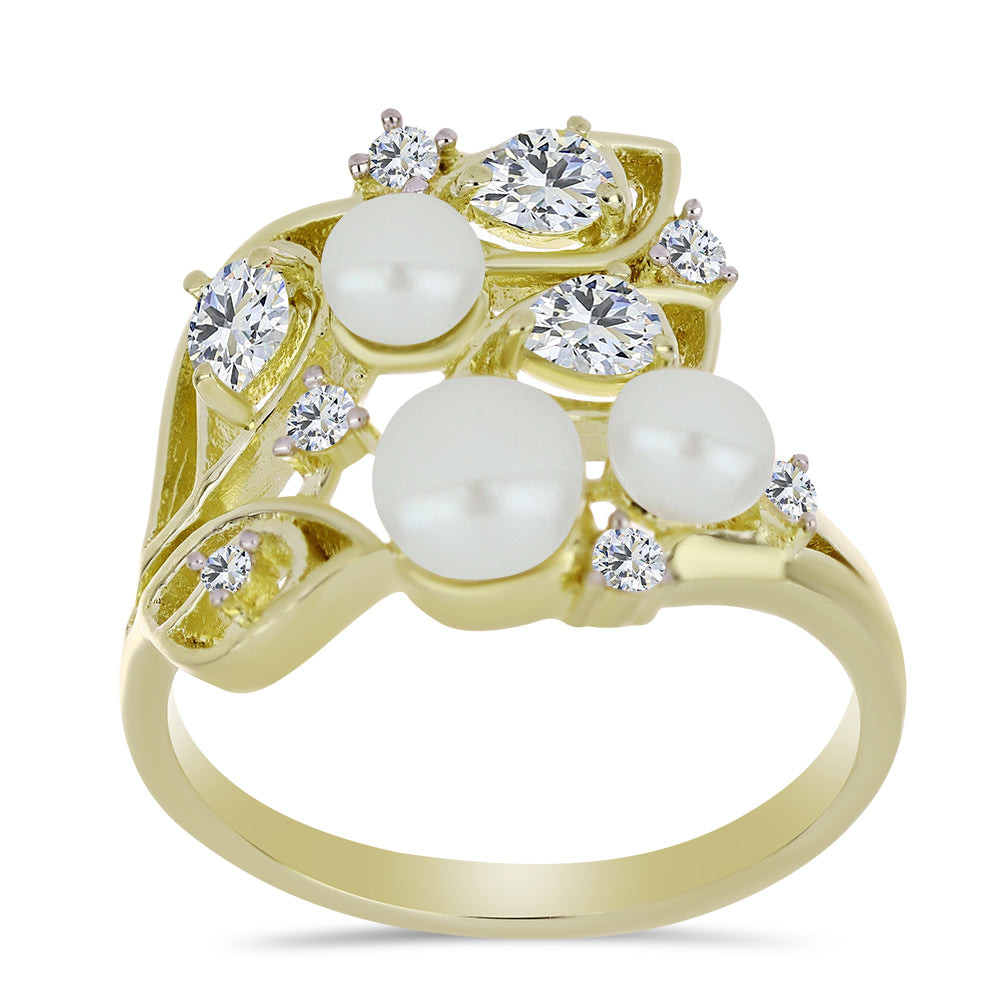 Pozlacené Stříbro 925/1000 - Prsten s Bílou Sladkovodní Perlou a Bílým Topazem - Karátové číslo: 4.82. přibližná hmotnost: 4.75 gramů 3 