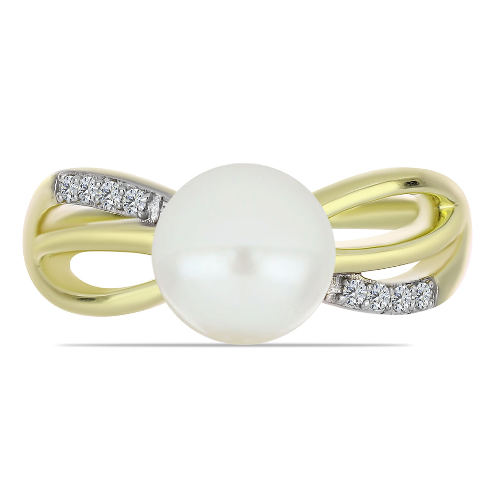 Pozlacené Stříbro 925/1000 - Prsten s Bílou Sladkovodní Perlou a Bílým Topazem - Karátové číslo: 3. přibližná hmotnost: 3.77 gramů