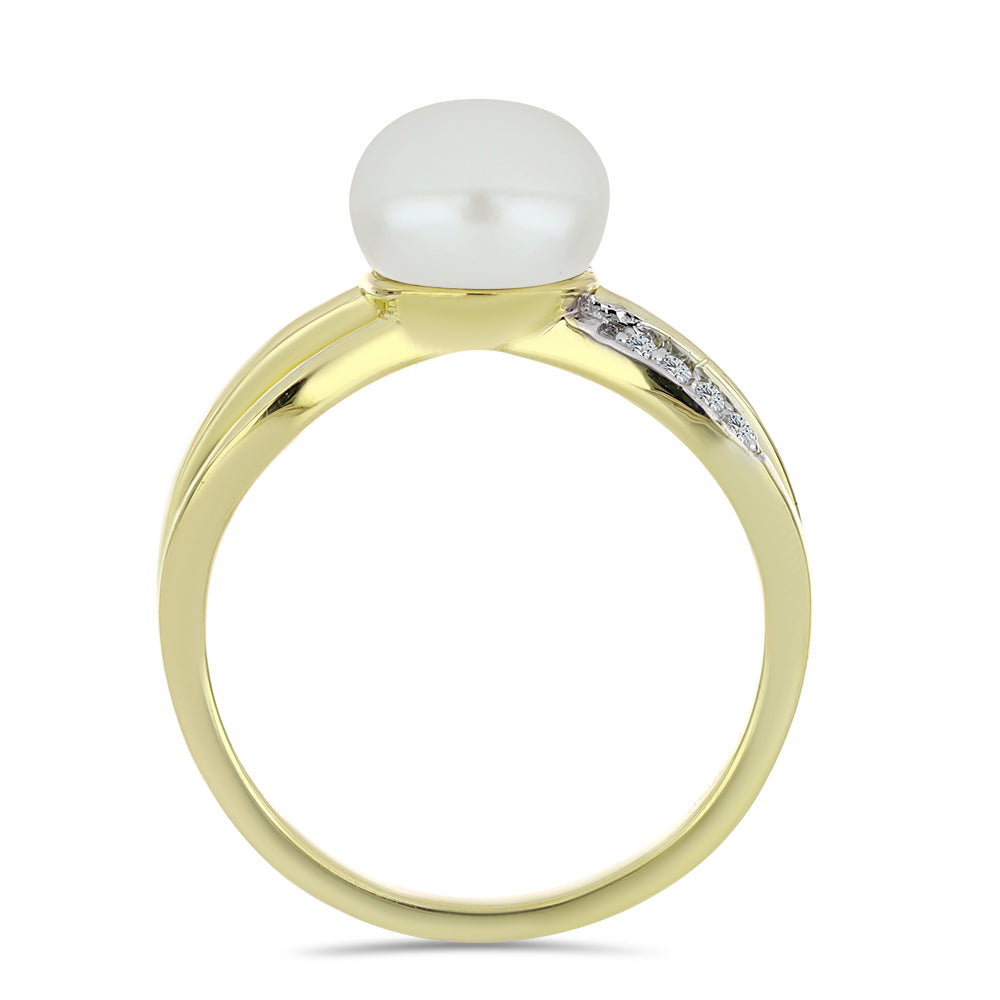 Pozlacené Stříbro 925/1000 - Prsten s Bílou Sladkovodní Perlou a Bílým Topazem - Karátové číslo: 3. přibližná hmotnost: 3.77 gramů