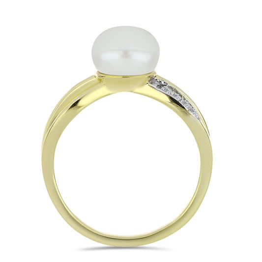 Pozlacené Stříbro 925/1000 - Prsten s Bílou Sladkovodní Perlou a Bílým Topazem - Karátové číslo: 3. přibližná hmotnost: 3.77 gramů
