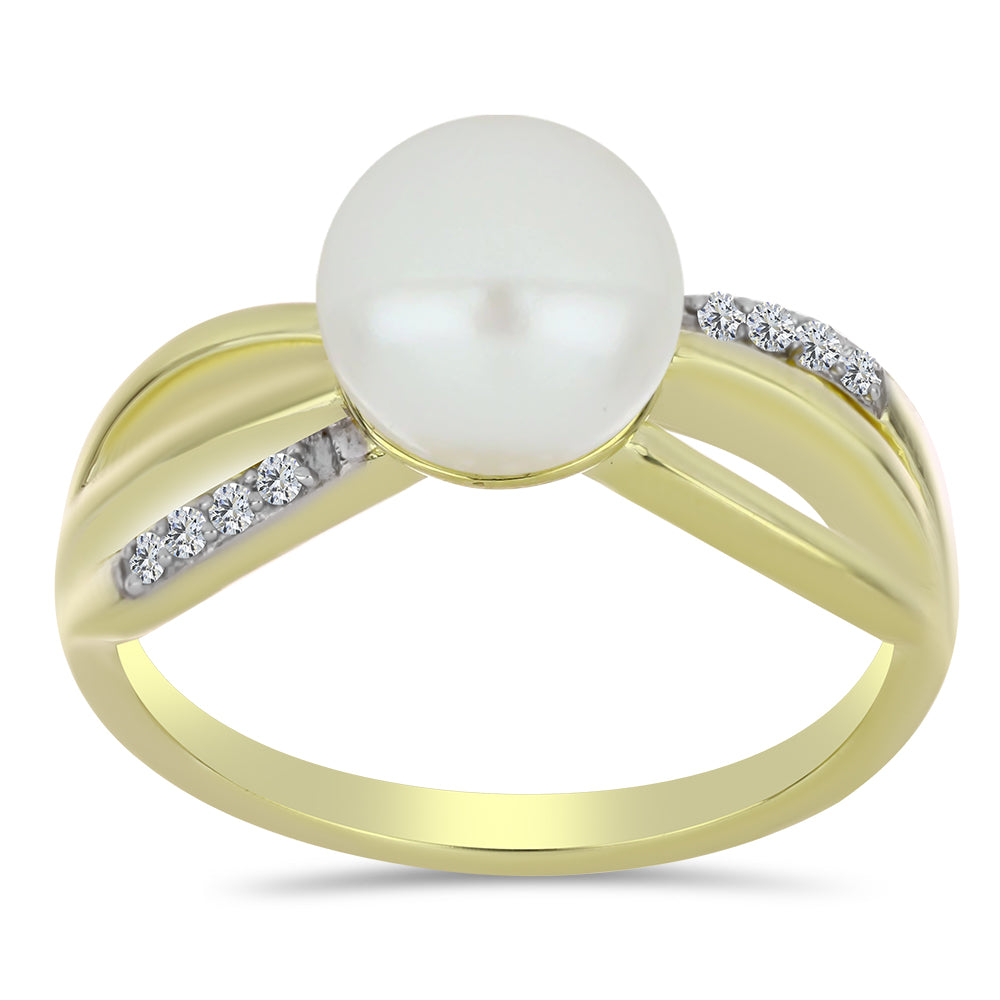 Pozlacené Stříbro 925/1000 - Prsten s Bílou Sladkovodní Perlou a Bílým Topazem - Karátové číslo: 3. přibližná hmotnost: 3.77 gramů