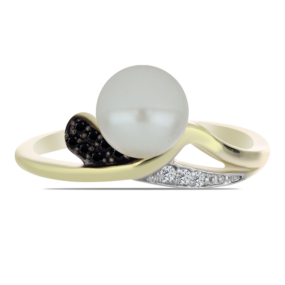 Pozlacené Stříbro 925/1000 - Prsten s Bílou Sladkovodní Perlou a Černým spinelem - Karátové číslo: 2.95. přibližná hmotnost: 3.23 gramů