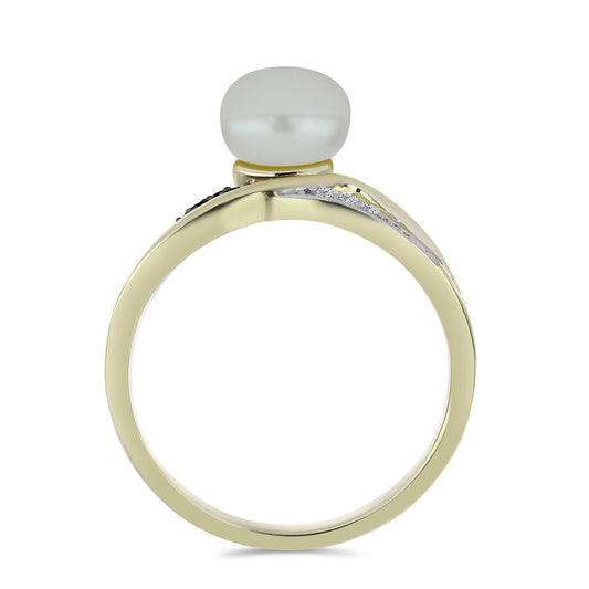 Pozlacené Stříbro 925/1000 - Prsten s Bílou Sladkovodní Perlou a Černým spinelem - Karátové číslo: 2.95. přibližná hmotnost: 3.23 gramů