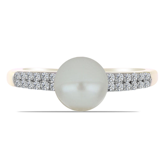 Pozlacené Stříbro 925/1000 - Prsten s Bílou Sladkovodní Perlou a Bílým Topazem - Karátové číslo: 2.84. přibližná hmotnost: 2.64 gramů