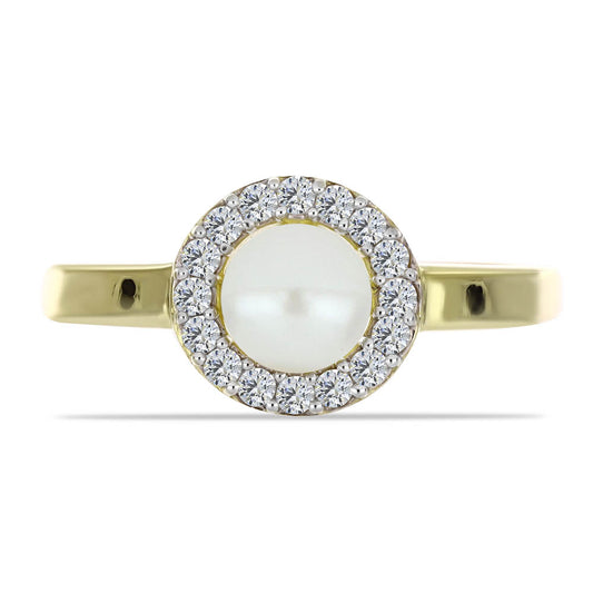 Pozlacené Stříbro 925/1000 - Prsten s Bílou Sladkovodní Perlou a Bílým Topazem - Karátové číslo: 1.47. přibližná hmotnost: 2.84 gramů