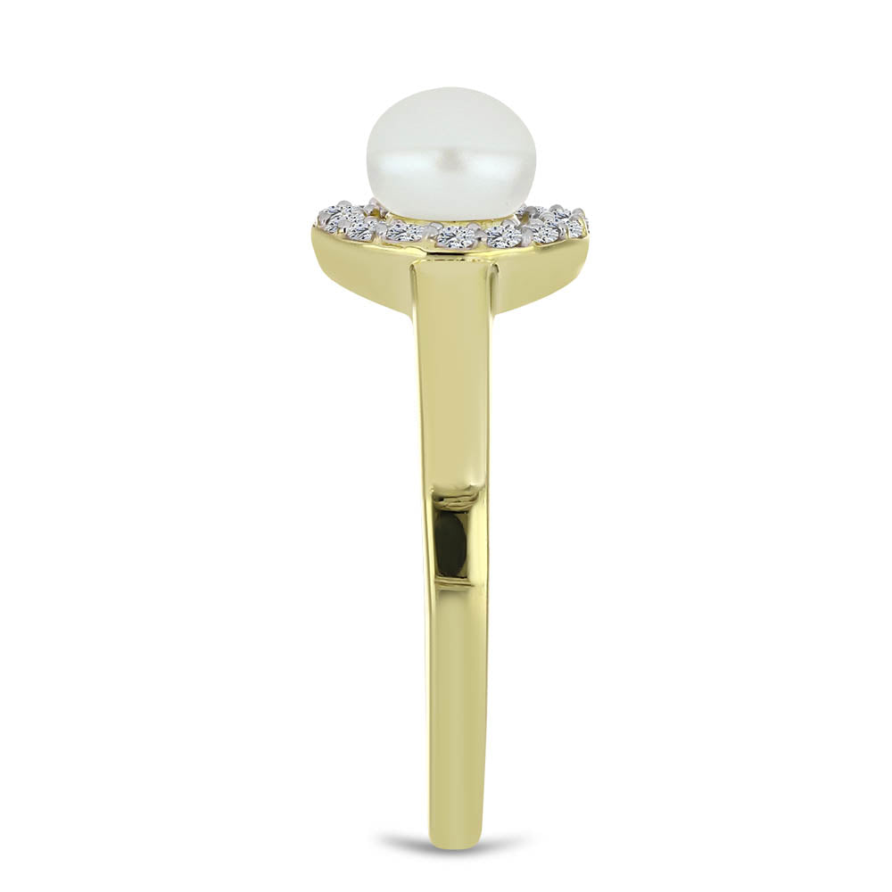 Pozlacené Stříbro 925/1000 - Prsten s Bílou Sladkovodní Perlou a Bílým Topazem - Karátové číslo: 1.47. přibližná hmotnost: 2.84 gramů