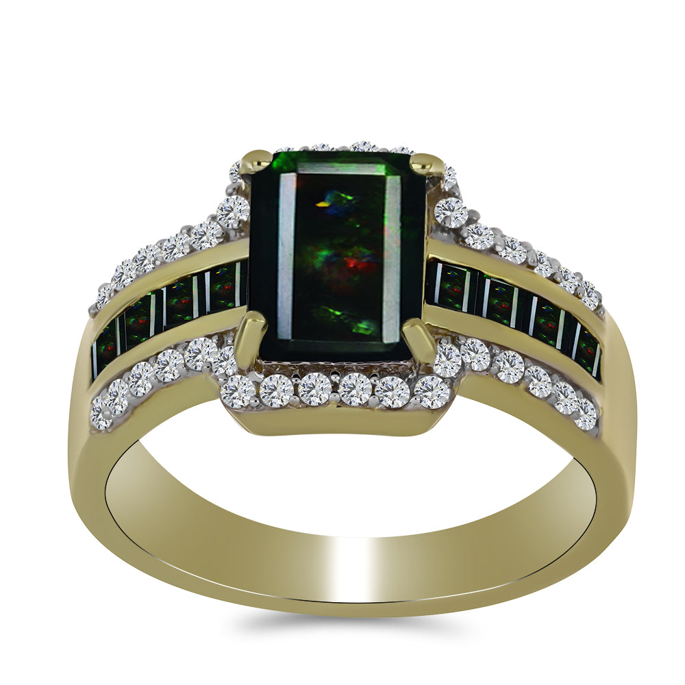 Pozlacený Stříbrný Prsten s Půlnočně Černým Etiopským Opálem z Lega Dembi a Černým spinelem