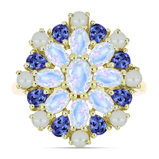 Pozlacený Stříbrný Prsten s Bílou Sladkovodní Perlou a Tanzanitem