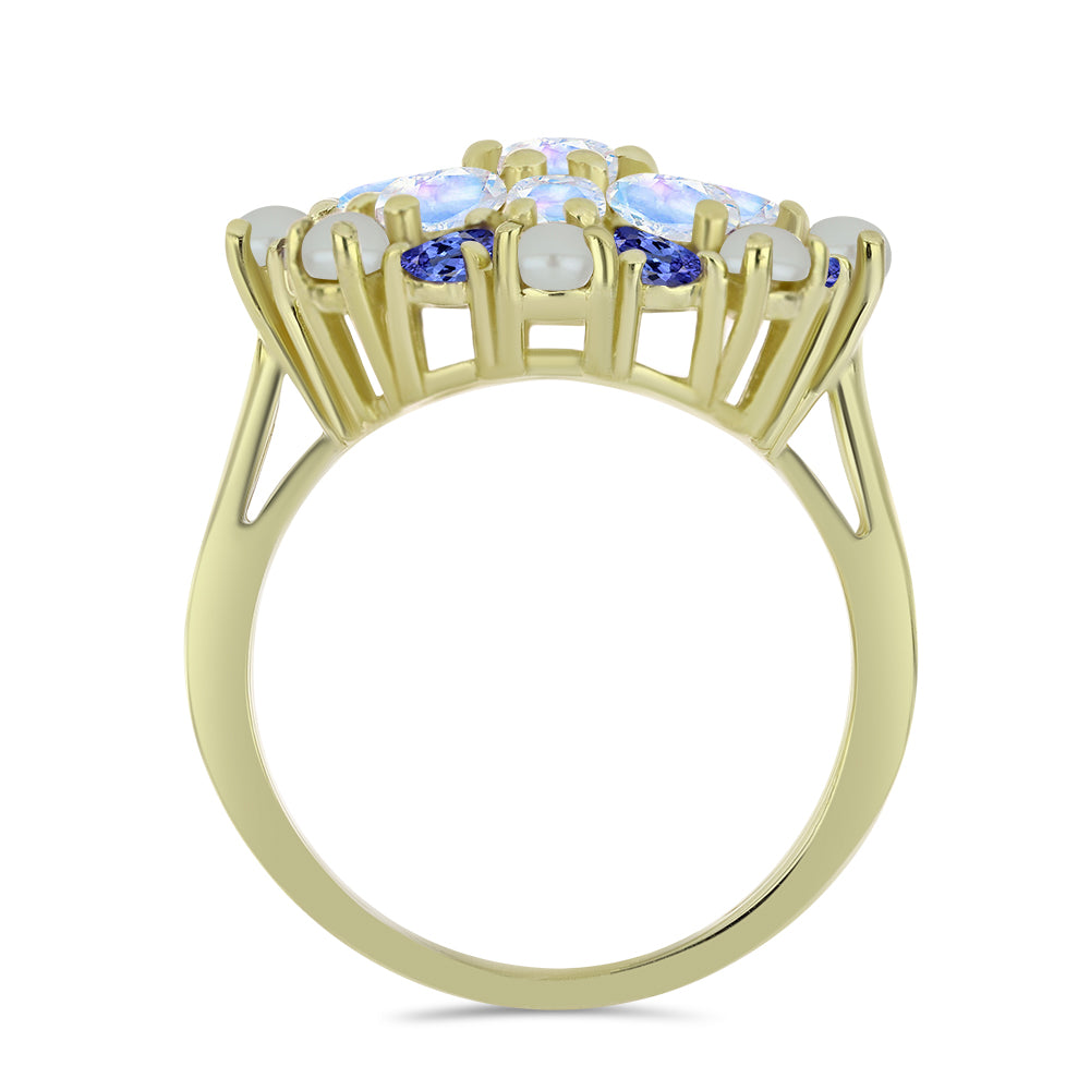 Pozlacený Stříbrný Prsten s Bílou Sladkovodní Perlou a Tanzanitem