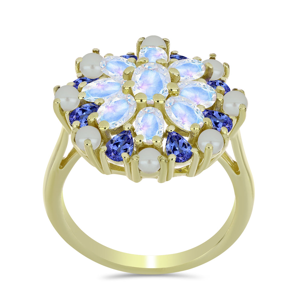 Pozlacený Stříbrný Prsten s Bílou Sladkovodní Perlou a Tanzanitem