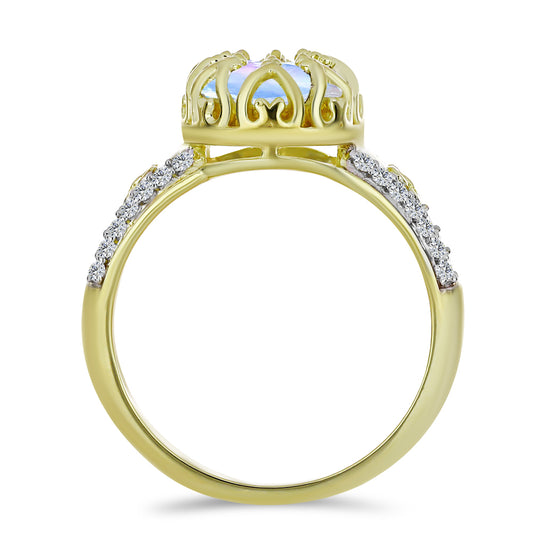 Pozlacený Stříbrný Prsten s Duhovým Měsíčním Kamenem a Bílým Topazem