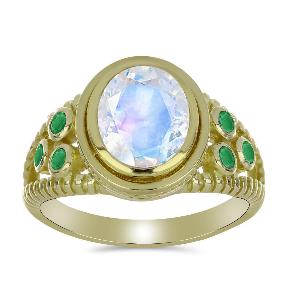 Pozlacený Stříbrný Prsten s Duhovým Měsíčním Kamenem a Brazilským Smaragdem