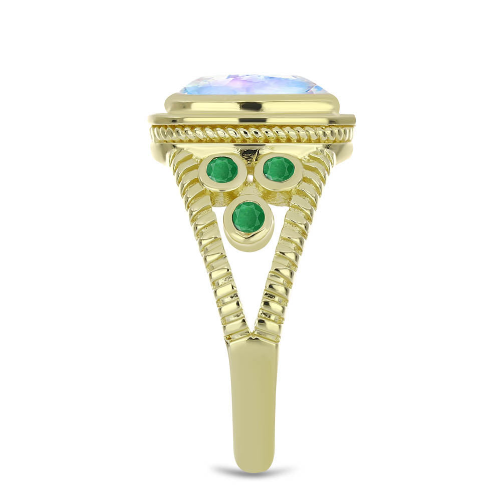 Pozlacený Stříbrný Prsten s Duhovým Měsíčním Kamenem a Brazilským Smaragdem 4 