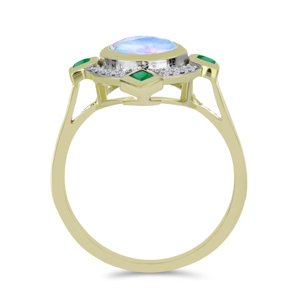 Pozlacený Stříbrný Prsten s Duhovým Měsíčním Kamenem a Brazilským Smaragdem 2 