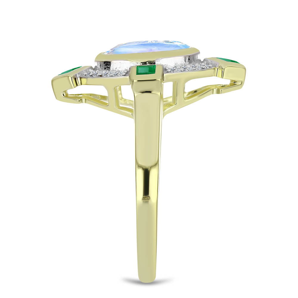 Pozlacený Stříbrný Prsten s Duhovým Měsíčním Kamenem a Brazilským Smaragdem 4 