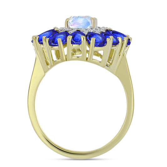 Pozlacené Stříbro 925/1000 - Prsten s Duhovým Měsíčním Kamenem a Australským Modrým Safírem - Karátové číslo: 4.77. přibližná hmotnost: 5.9 gramů