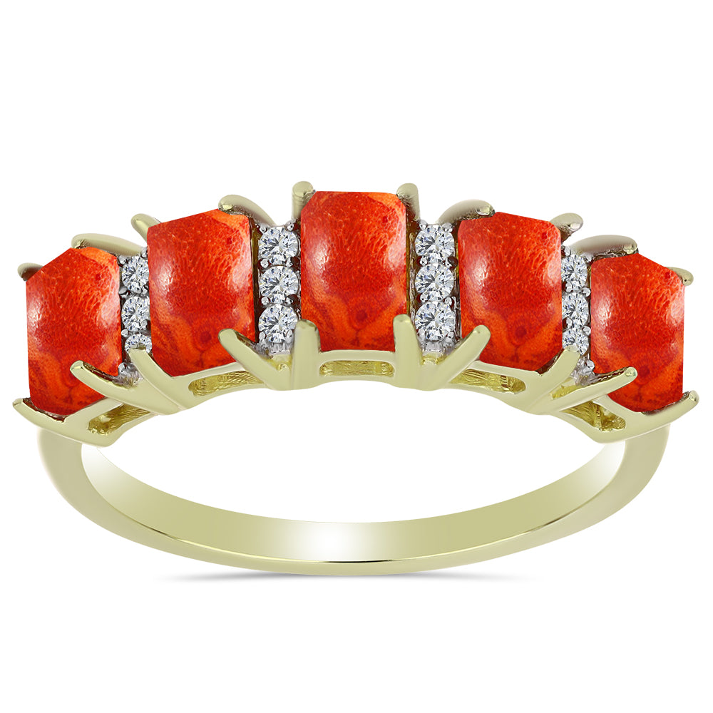 Pozlacené Stříbro 925/1000 - Prsten s Červeným Houbovým Korálem a Bílým Topazem - Karátové číslo: 1.61. přibližná hmotnost: 2.85 gramů