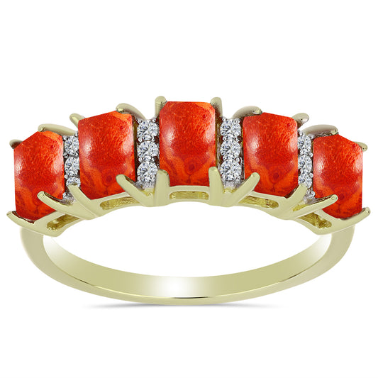 Pozlacené Stříbro 925/1000 - Prsten s Červeným Houbovým Korálem a Bílým Topazem - Karátové číslo: 1.61. přibližná hmotnost: 2.85 gramů