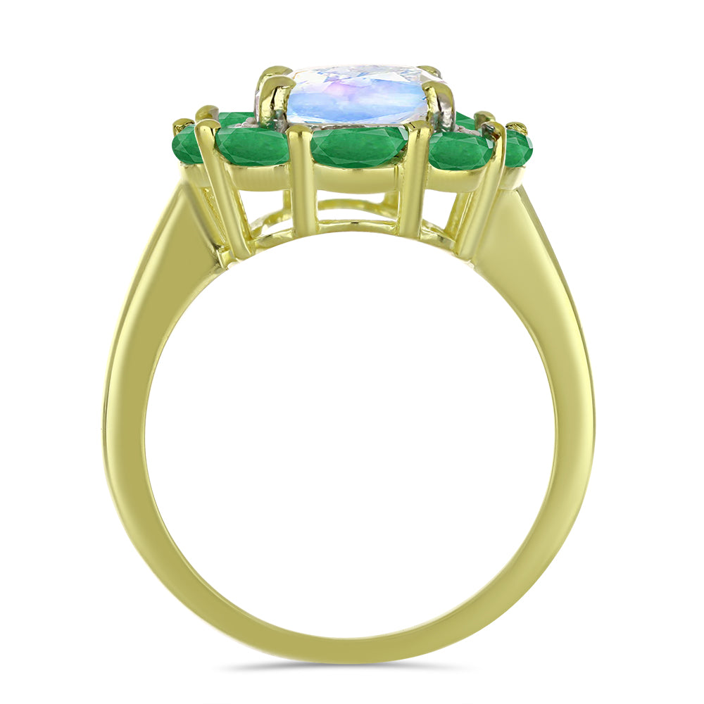Pozlacený Stříbrný Prsten s Duhovým Měsíčním Kamenem a Brazilským Smaragdem 2 