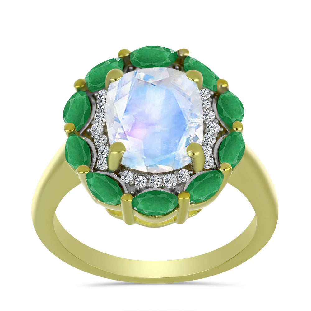 Pozlacený Stříbrný Prsten s Duhovým Měsíčním Kamenem a Brazilským Smaragdem