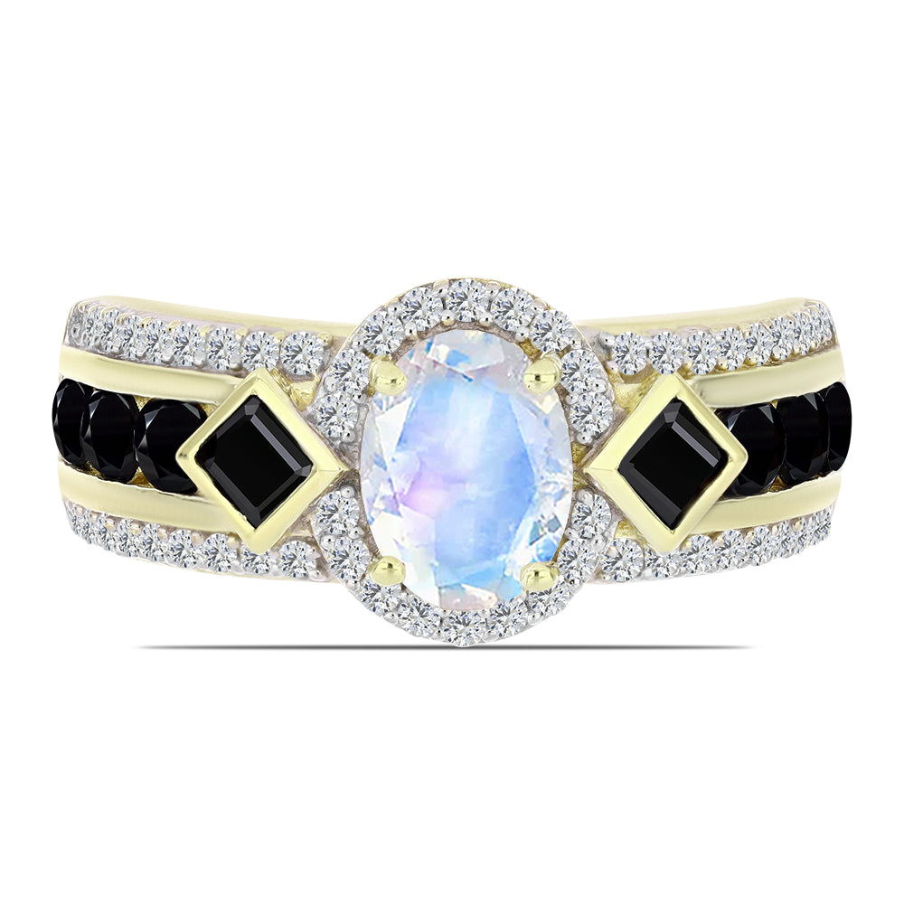 Pozlacený Stříbrný Prsten s Duhovým Měsíčním Kamenem a Černým spinelem 1 