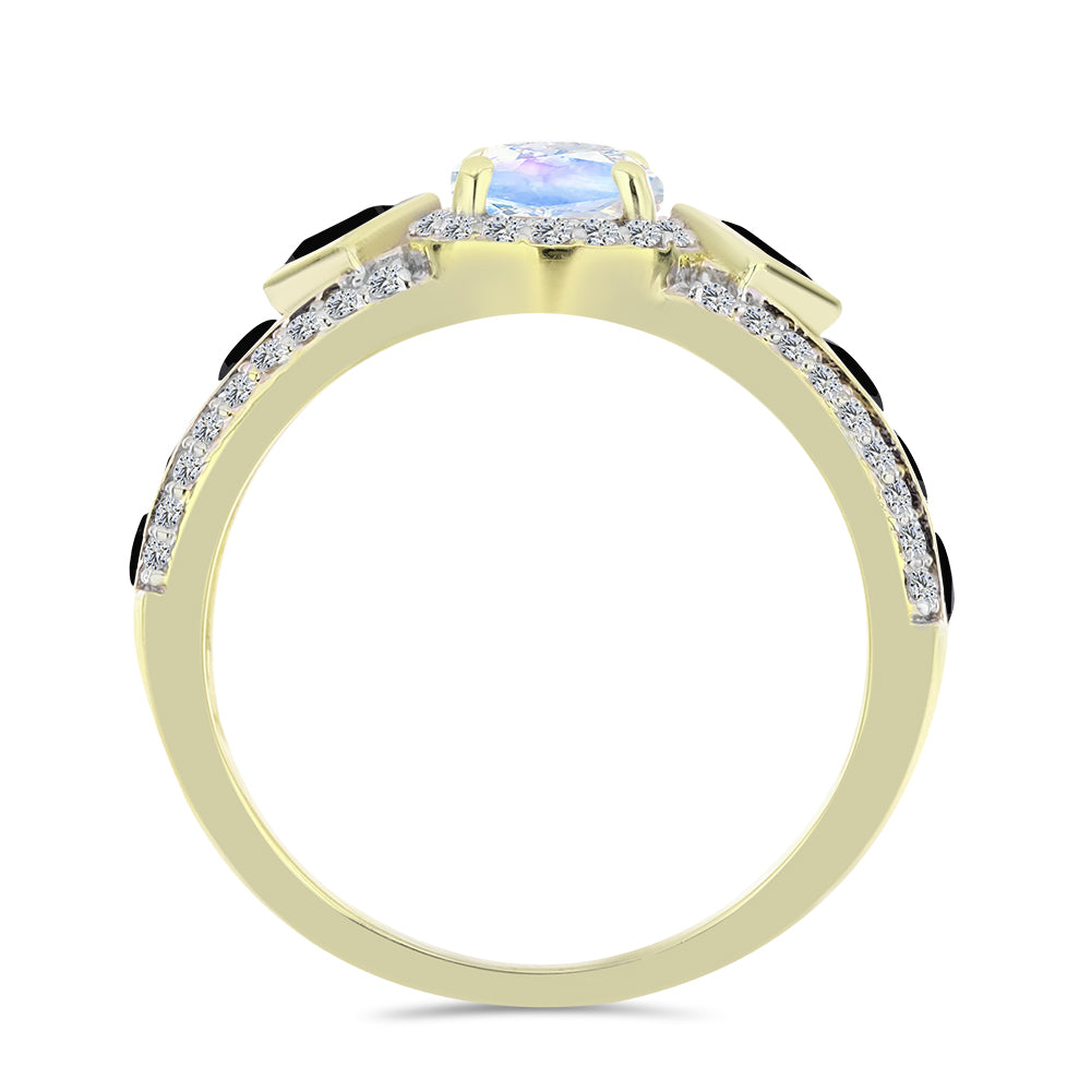 Pozlacený Stříbrný Prsten s Duhovým Měsíčním Kamenem a Černým spinelem 2 