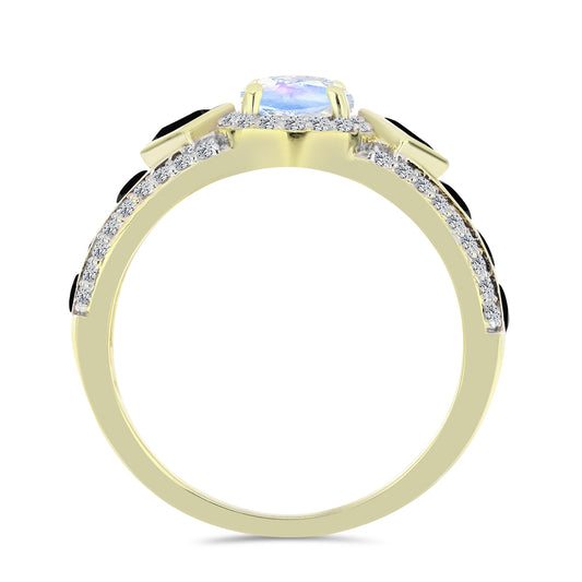 Pozlacený Stříbrný Prsten s Duhovým Měsíčním Kamenem a Černým spinelem