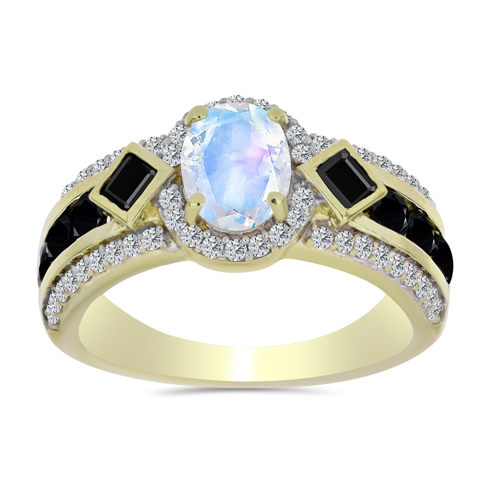 Pozlacený Stříbrný Prsten s Duhovým Měsíčním Kamenem a Černým spinelem 3 