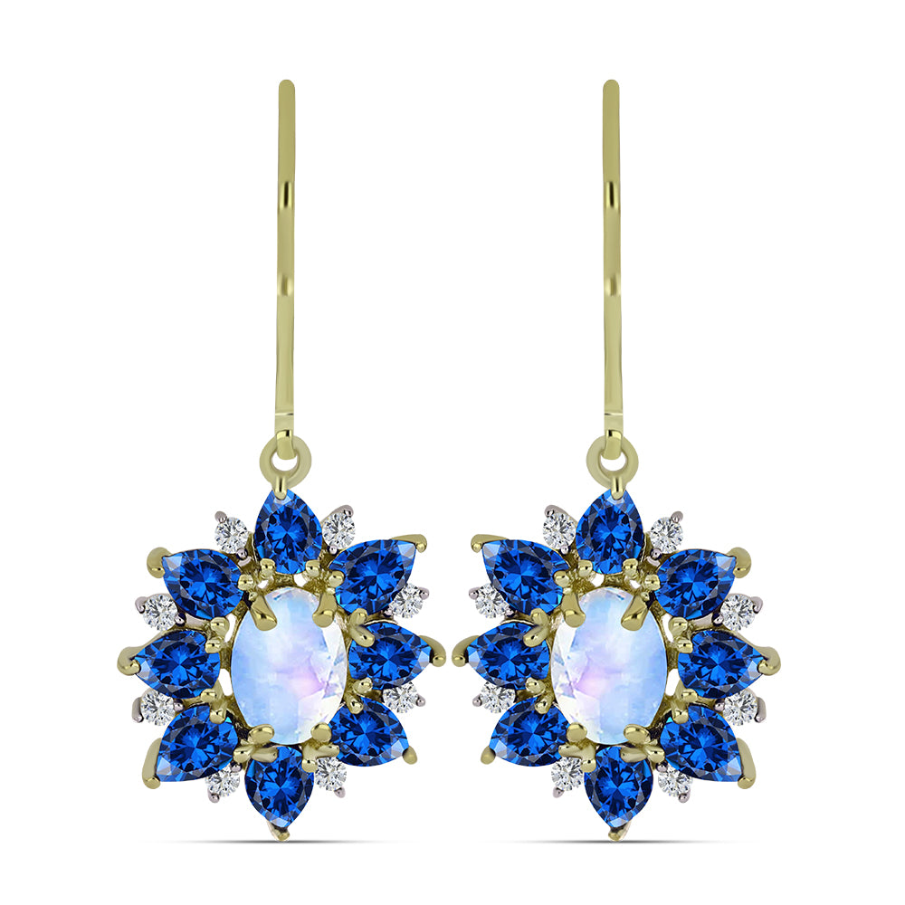 Pozlacené Stříbrné Náušnice s Duhovým Měsíčním Kamenem a Australským Modrým Safírem