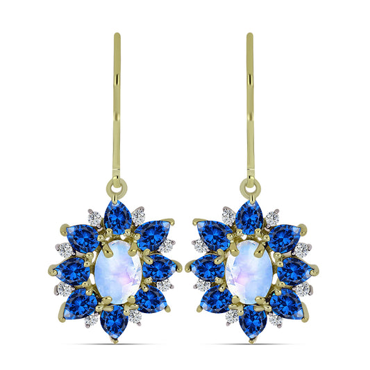 Pozlacené Stříbrné Náušnice s Duhovým Měsíčním Kamenem a Australským Modrým Safírem