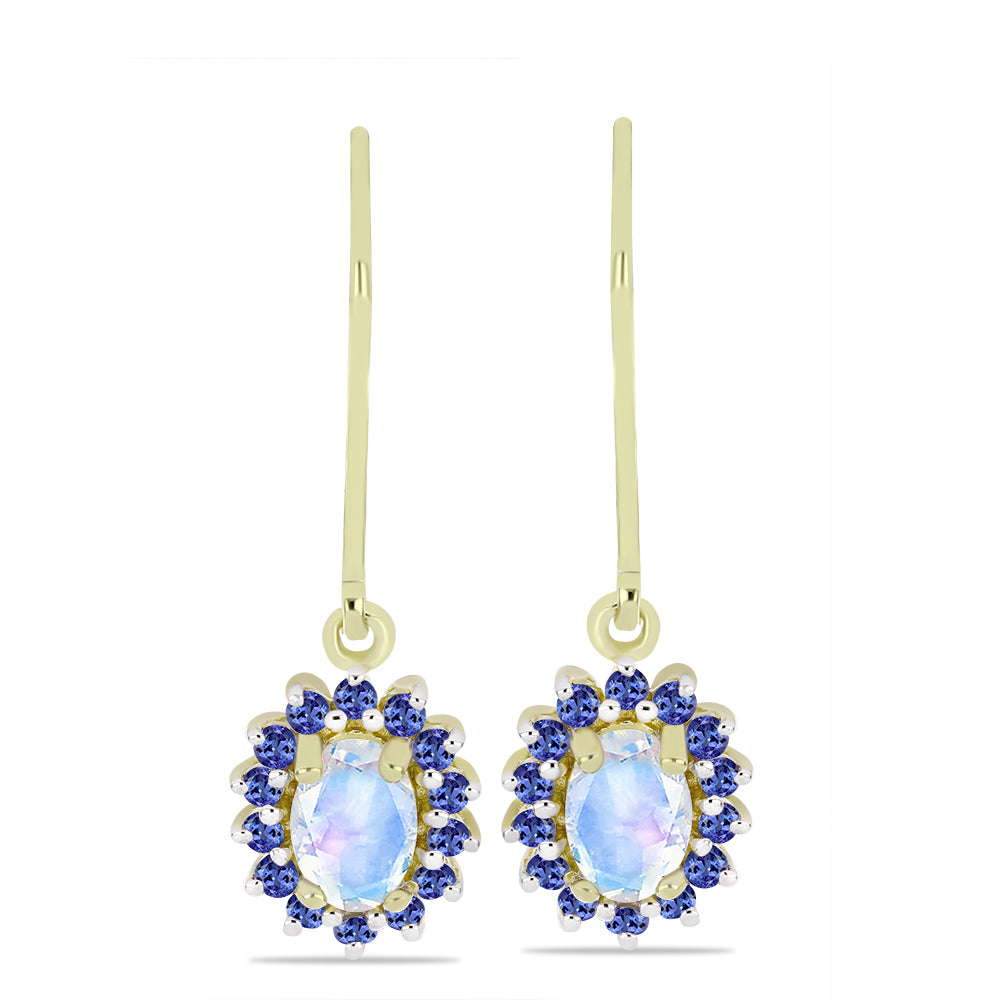 Pozlacené Stříbro 925/1000 - Náušnice s Duhovým Měsíčním Kamenem a Tanzanitem - Karátové číslo: 1.36. přibližná hmotnost: 2.44 gramů 1 