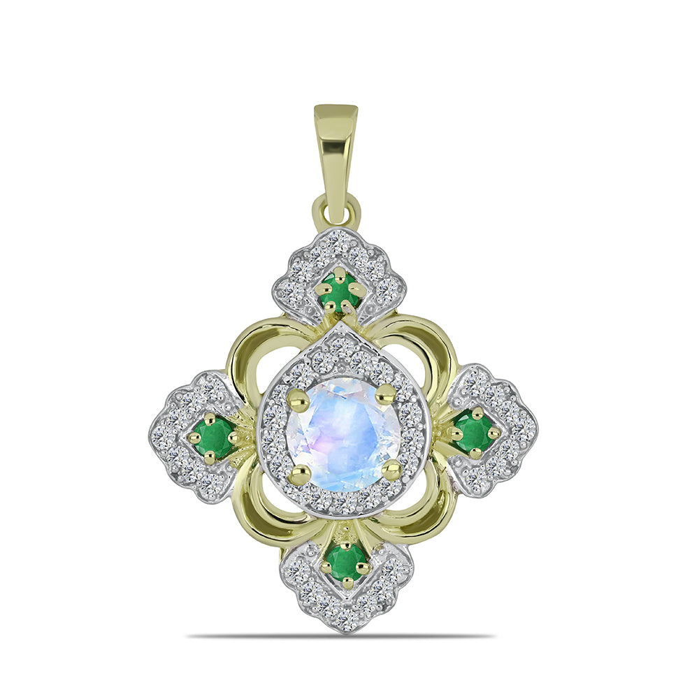 Pozlacené stříbro 925/1000 Přívěsek s Duhovým Měsíčním Kamenem a Brazilským Smaragdem - Karátové číslo: 1.51. přibližná hmotnost: 2.91 gramů 1 