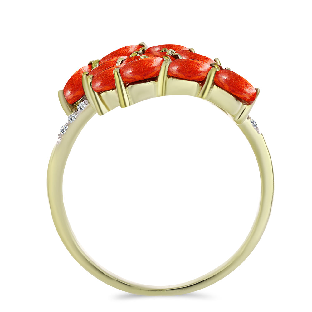 Pozlacený Stříbrný Prsten s Červeným Houbovým Korálem a Bílým Topazem 2 