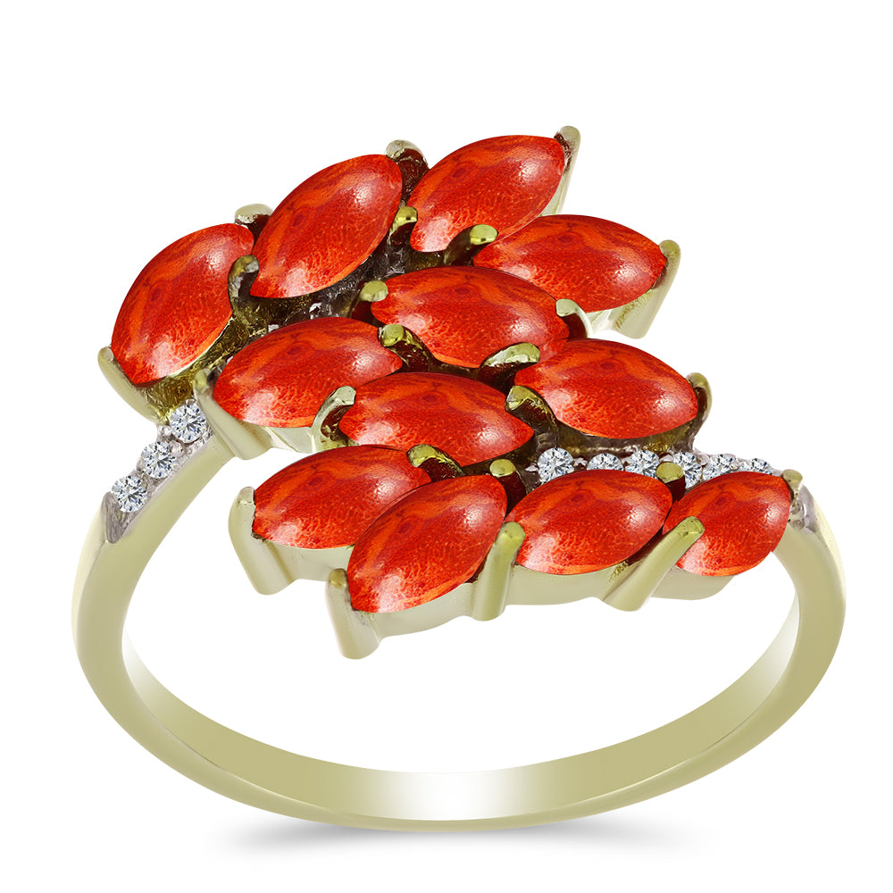 Pozlacený Stříbrný Prsten s Červeným Houbovým Korálem a Bílým Topazem