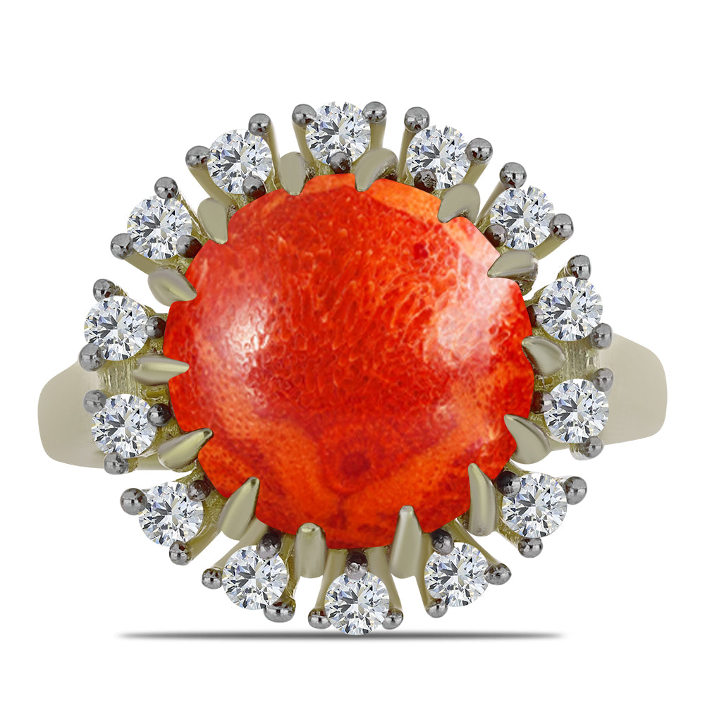 Pozlacené stříbro 925/1000 Prsten s Červeným Houbovým Korálem a Bílým Topazem - Karátové číslo: 5.88. přibližná hmotnost: 5.43 gramů 1 