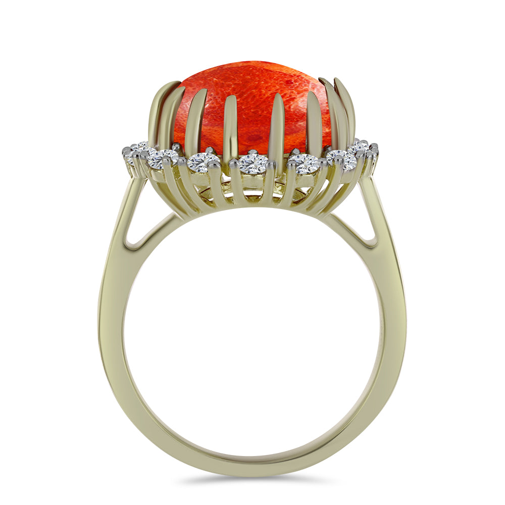 Pozlacené stříbro 925/1000 Prsten s Červeným Houbovým Korálem a Bílým Topazem - Karátové číslo: 5.88. přibližná hmotnost: 5.43 gramů