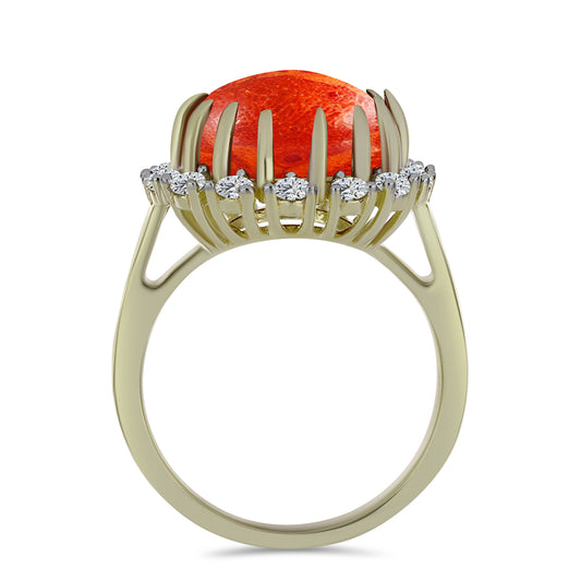 Pozlacené stříbro 925/1000 Prsten s Červeným Houbovým Korálem a Bílým Topazem - Karátové číslo: 5.88. přibližná hmotnost: 5.43 gramů