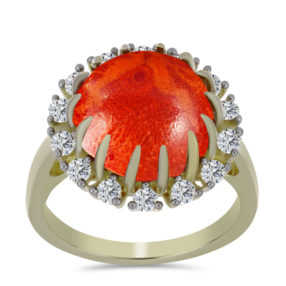 Pozlacené stříbro 925/1000 Prsten s Červeným Houbovým Korálem a Bílým Topazem - Karátové číslo: 5.88. přibližná hmotnost: 5.43 gramů