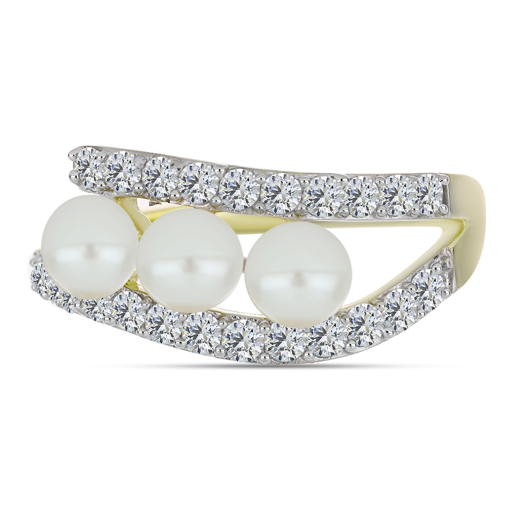 Pozlacené Stříbro 925/1000 - Prsten s Bílou Sladkovodní Perlou a Bílým Topazem - Karátové číslo: 2.25. přibližná hmotnost: 3.09 gramů 2 