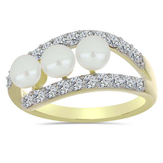 Pozlacené Stříbro 925/1000 - Prsten s Bílou Sladkovodní Perlou a Bílým Topazem - Karátové číslo: 2.25. přibližná hmotnost: 3.09 gramů