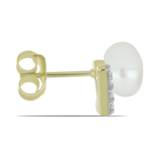 Pozlacené Stříbro 925/1000 - Náušnice s Bílou Sladkovodní Perlou a Bílým Topazem - Karátové číslo: 5.91. přibližná hmotnost: 2.63 gramů