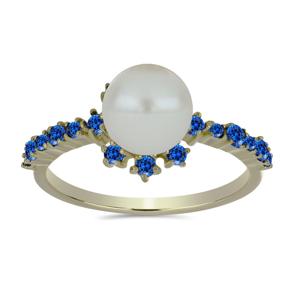 Pozlacený Stříbrný Prsten s Bílou Sladkovodní Perlou a Australským Modrým Safírem