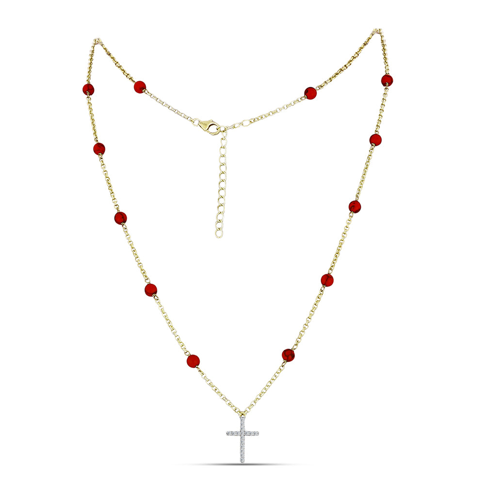 Pozlacené Stříbro 925/1000 - Náhrdelník s Červeným Houbovým Korálem a Bílým Topazem - Karátové číslo: 6.2. přibližná hmotnost: 5.04 gramů